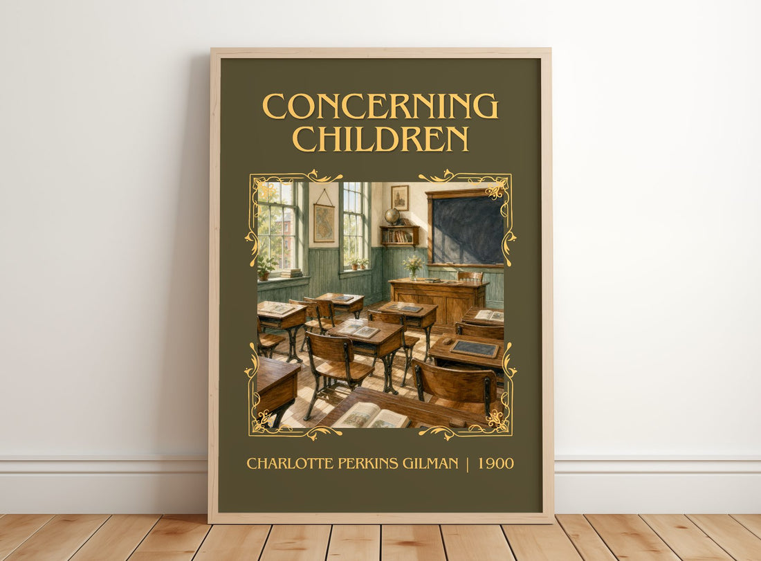 Concerning Children Classic Book Art Print by Charlotte Perkins Gilman – framed print leaning on a wooden floor