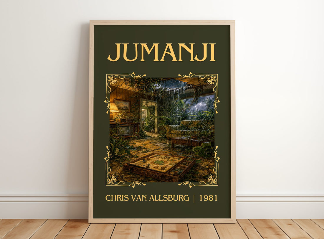 Jumanji Classic Book Art Print by Chris Van Allsburg – framed print leaning on a wooden floor