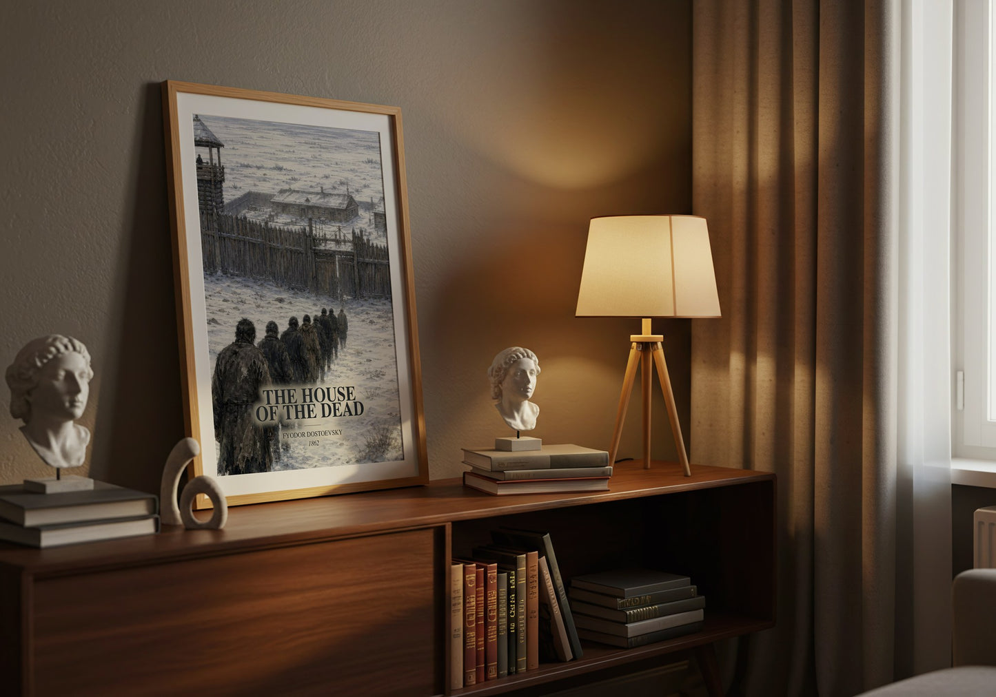 The House Of The Dead watercolour print on bookshelf – Fyodor Dostoevsky fan gift