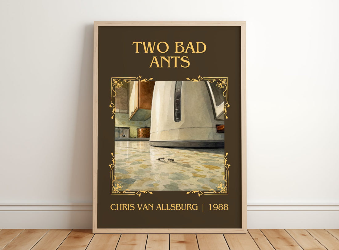 Two Bad Ants Classic Book Art Print by Chris Van Allsburg – framed print leaning on a wooden floor