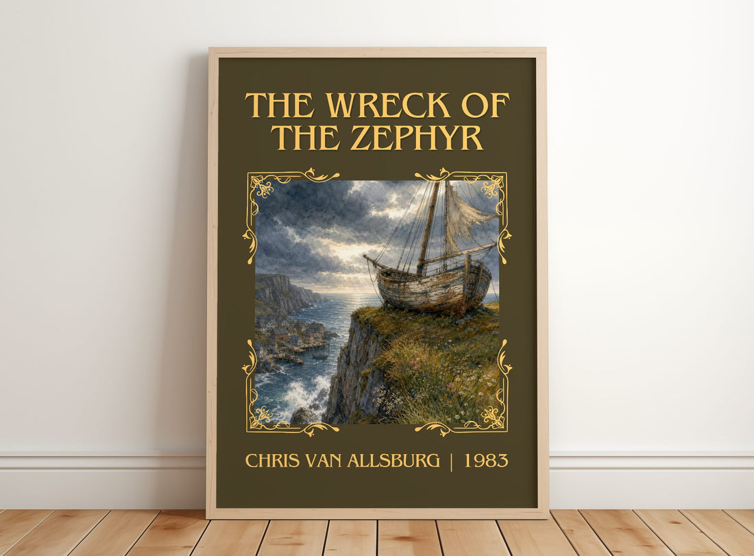 The Wreck Of The Zephyr Classic Book Art Print by Chris Van Allsburg – framed print leaning on a wooden floor
