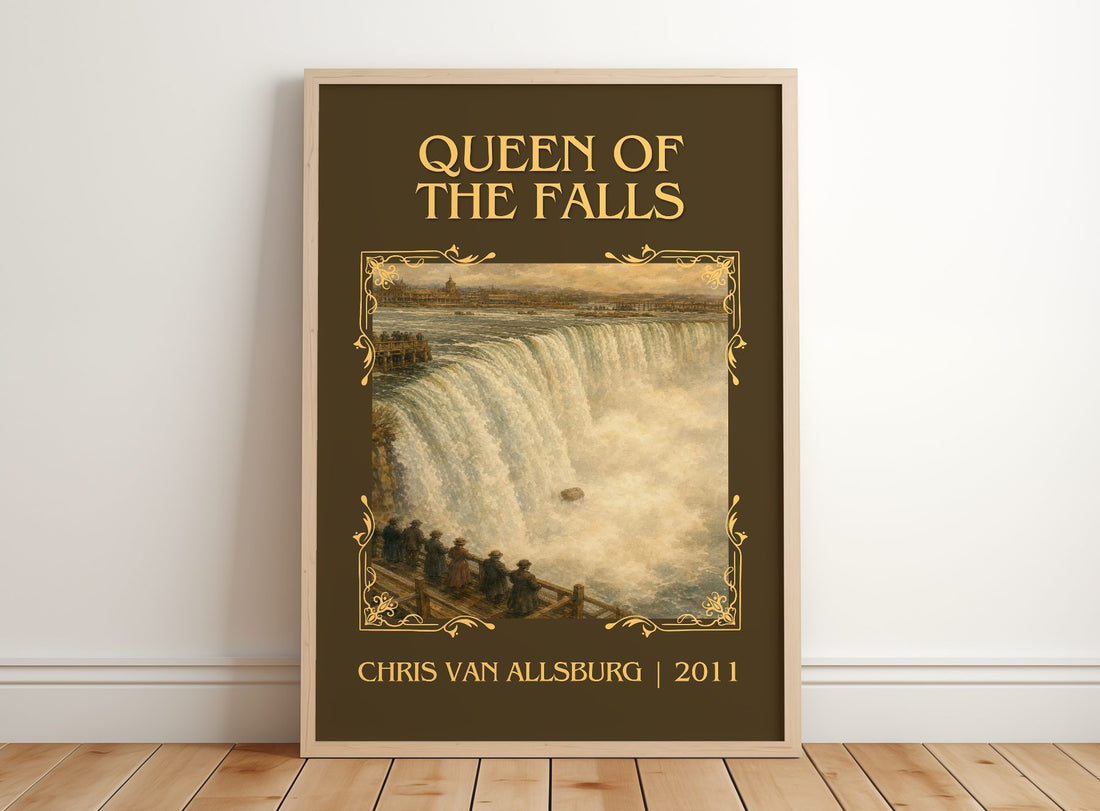 Queen Of The Falls Classic Book Art Print by Chris Van Allsburg – framed print leaning on a wooden floor