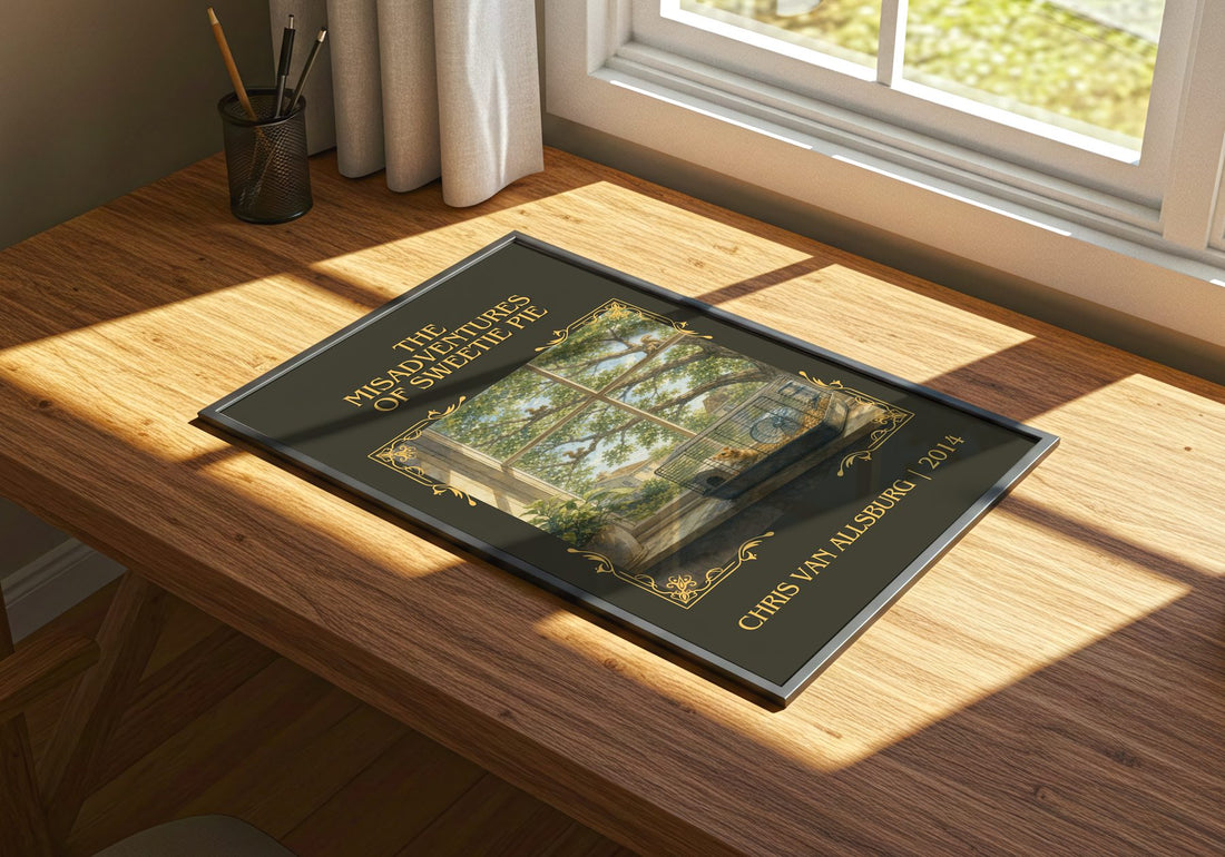 Misadventures Of Sweetie Pie Classic Book Art Print by C. Allsburg – print on a sunlit desk