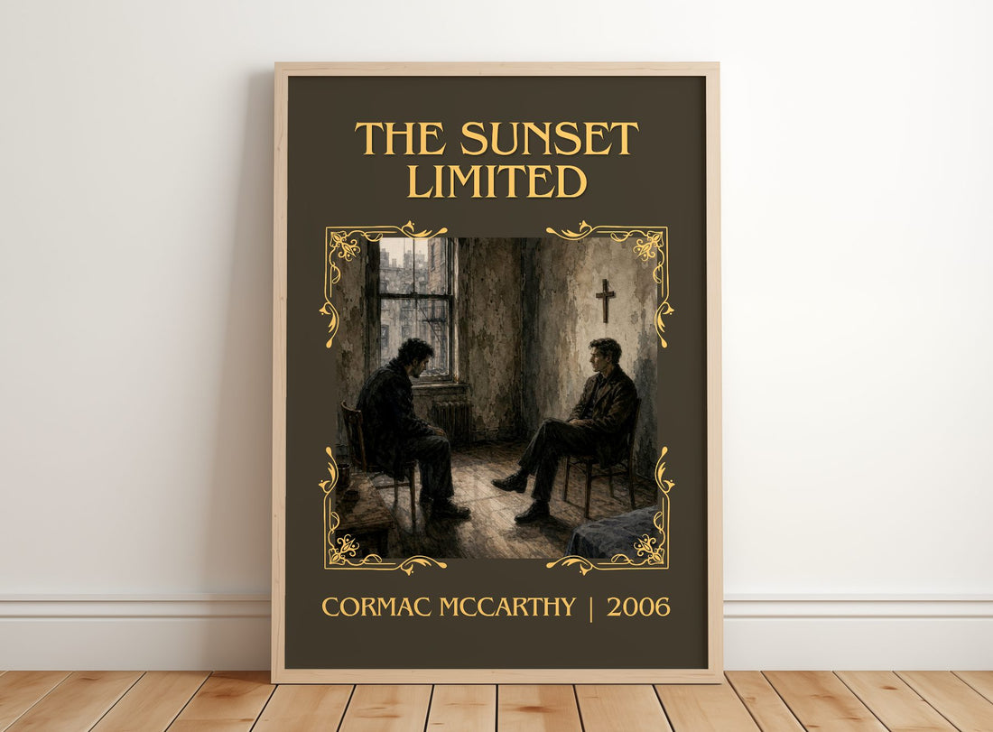 The Sunset Limited Classic Book Art Print by Cormac Mccarthy – framed print leaning on a wooden floor