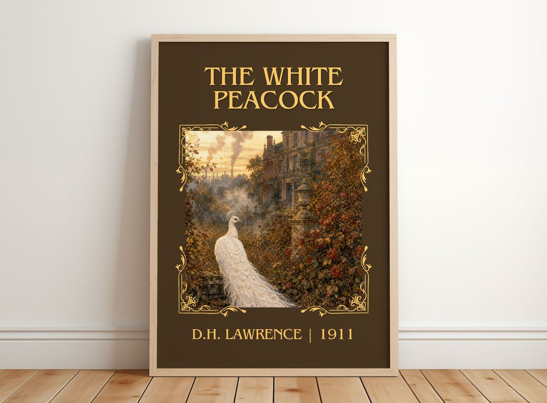 The White Peacock Classic Book Art Print by D.H. Lawrence – framed print leaning on a wooden floor