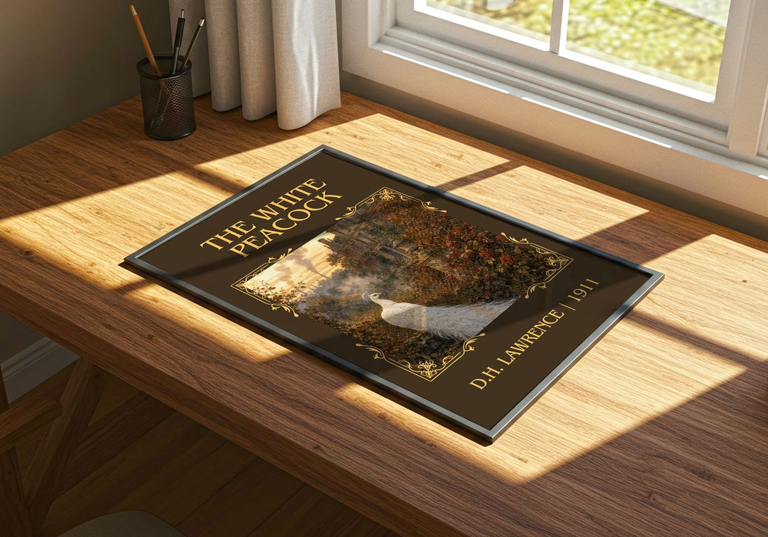 The White Peacock Classic Book Art Print by D.H. Lawrence – print on a sunlit desk