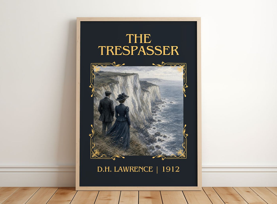 The Trespasser Classic Book Art Print by D.H. Lawrence – framed print leaning on a wooden floor