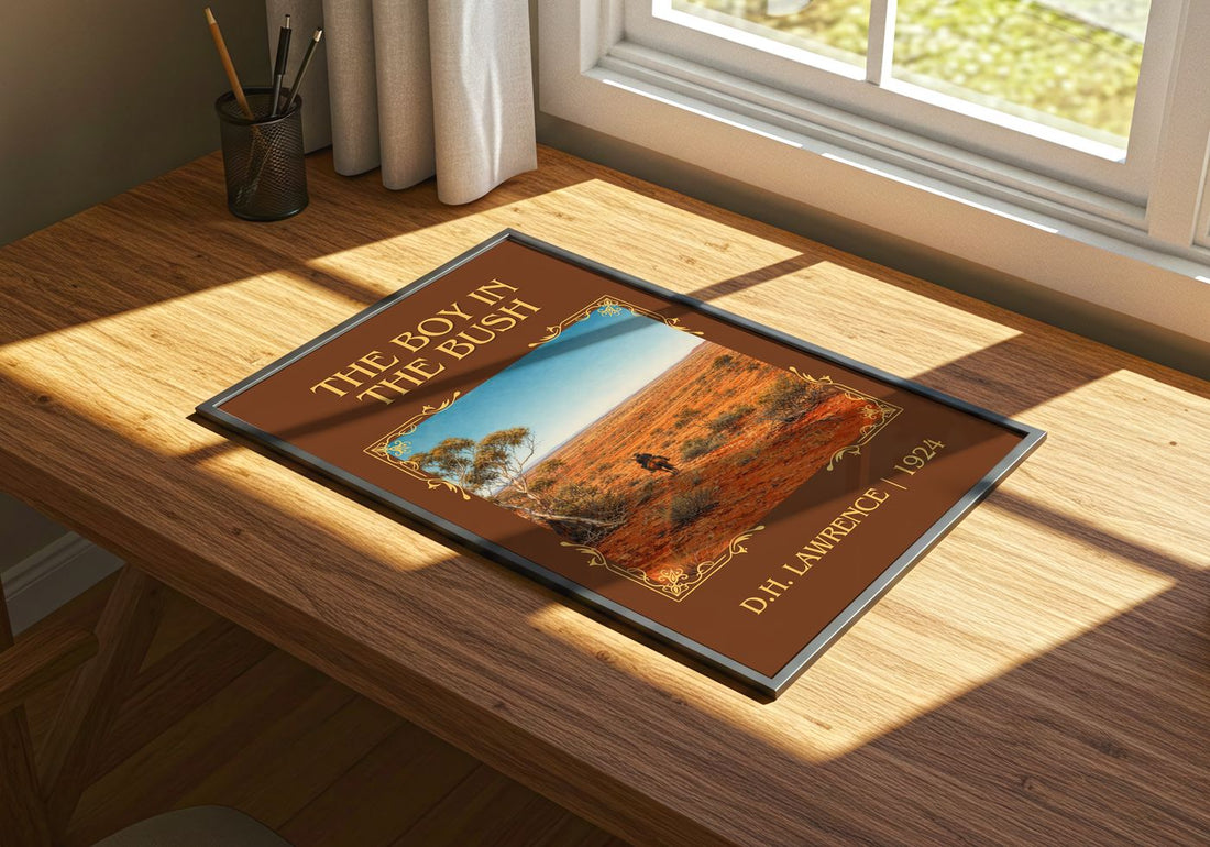 The Boy In The Bush Classic Book Art Print by D.H. Lawrence – print on a sunlit desk
