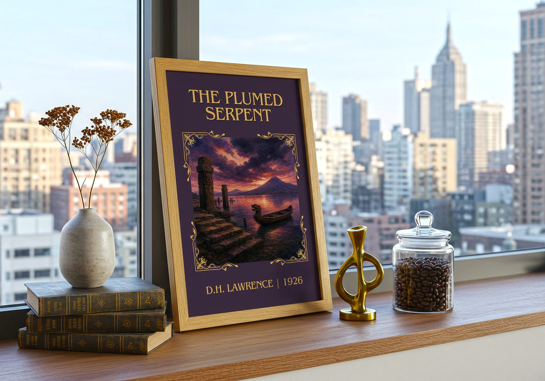 The Plumed Serpent Classic Book Art Print by D.H. Lawrence – framed print on a city-view windowsill