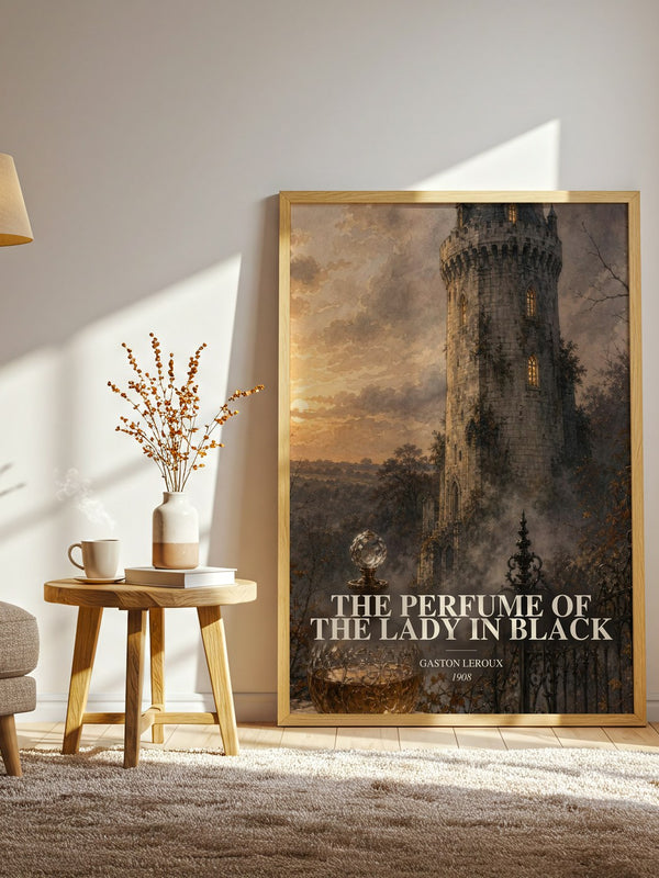 The Perfume Of The Lady In Black watercolour print in frame leaning in hallway – mystery wall art