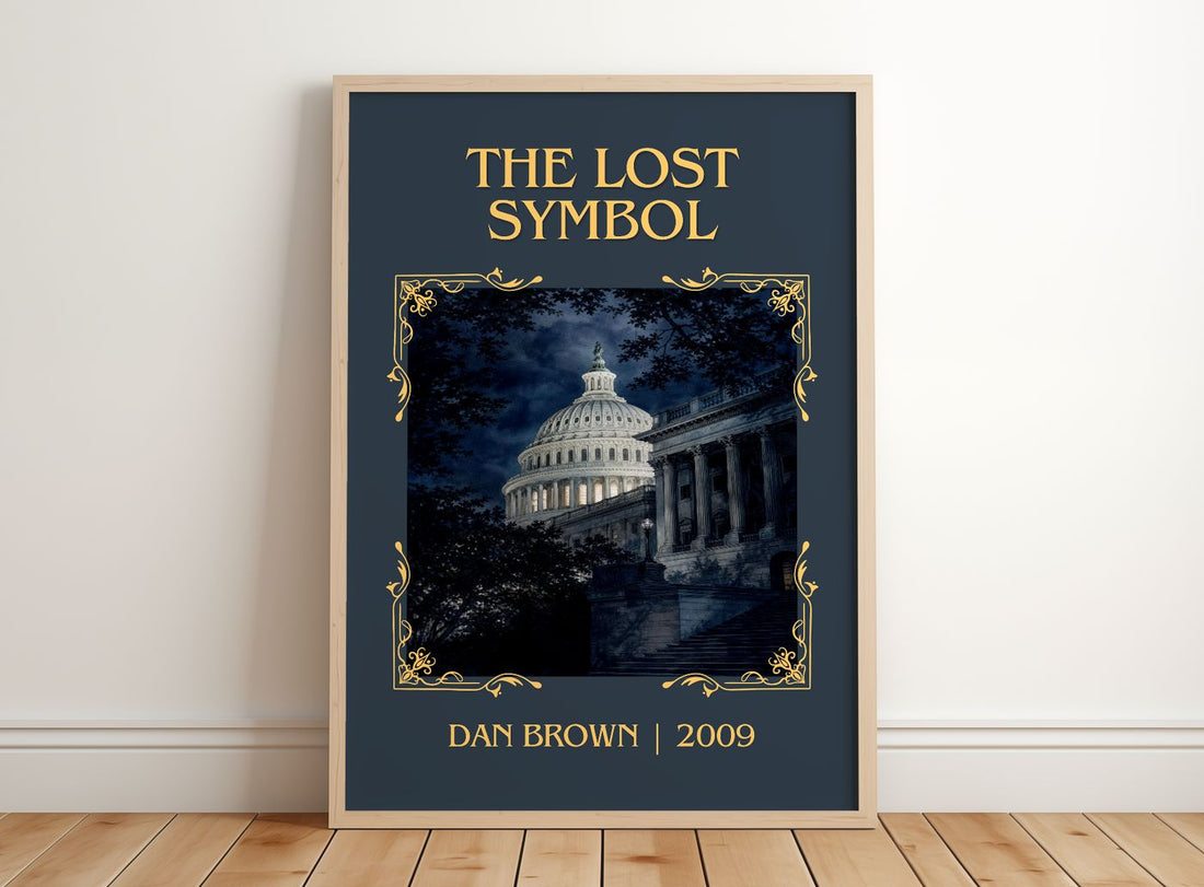 The Lost Symbol Classic Book Art Print by Dan Brown – framed print leaning on a wooden floor
