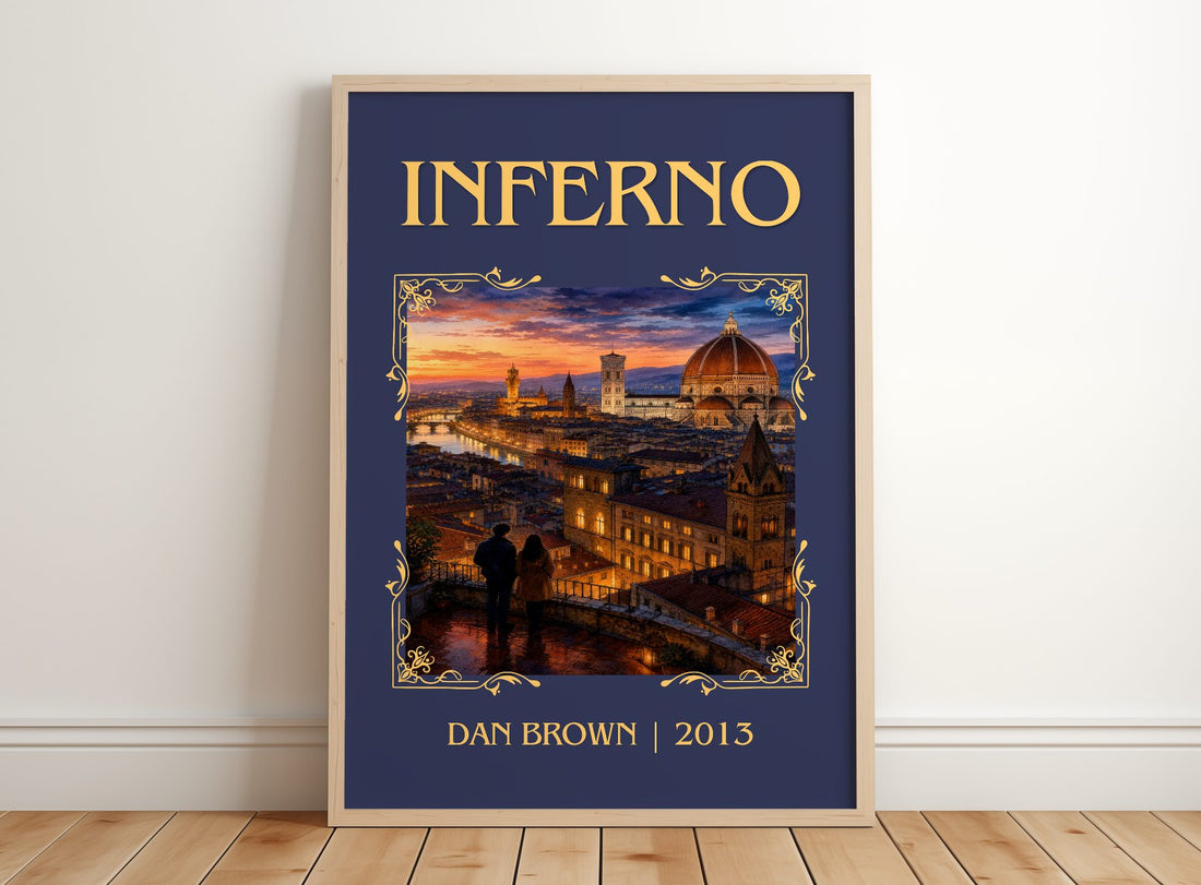 Inferno Classic Book Art Print by Dan Brown – framed print leaning on a wooden floor