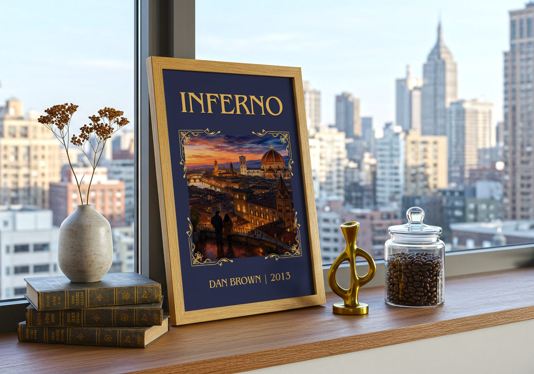 Inferno Classic Book Art Print by Dan Brown – framed print on a city-view windowsill