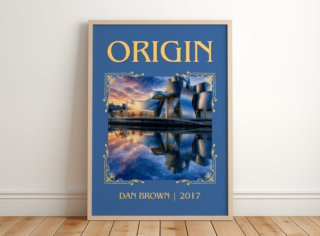 Origin Classic Book Art Print by Dan Brown – framed print leaning on a wooden floor