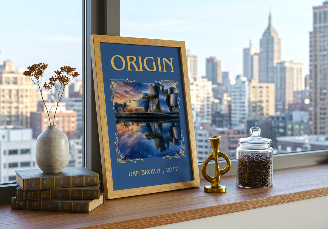 Origin Classic Book Art Print by Dan Brown – framed print on a city-view windowsill