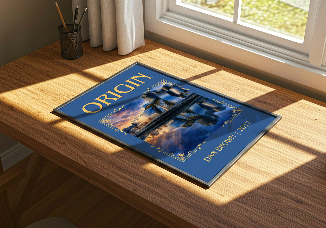 Origin Classic Book Art Print by Dan Brown – print on a sunlit desk