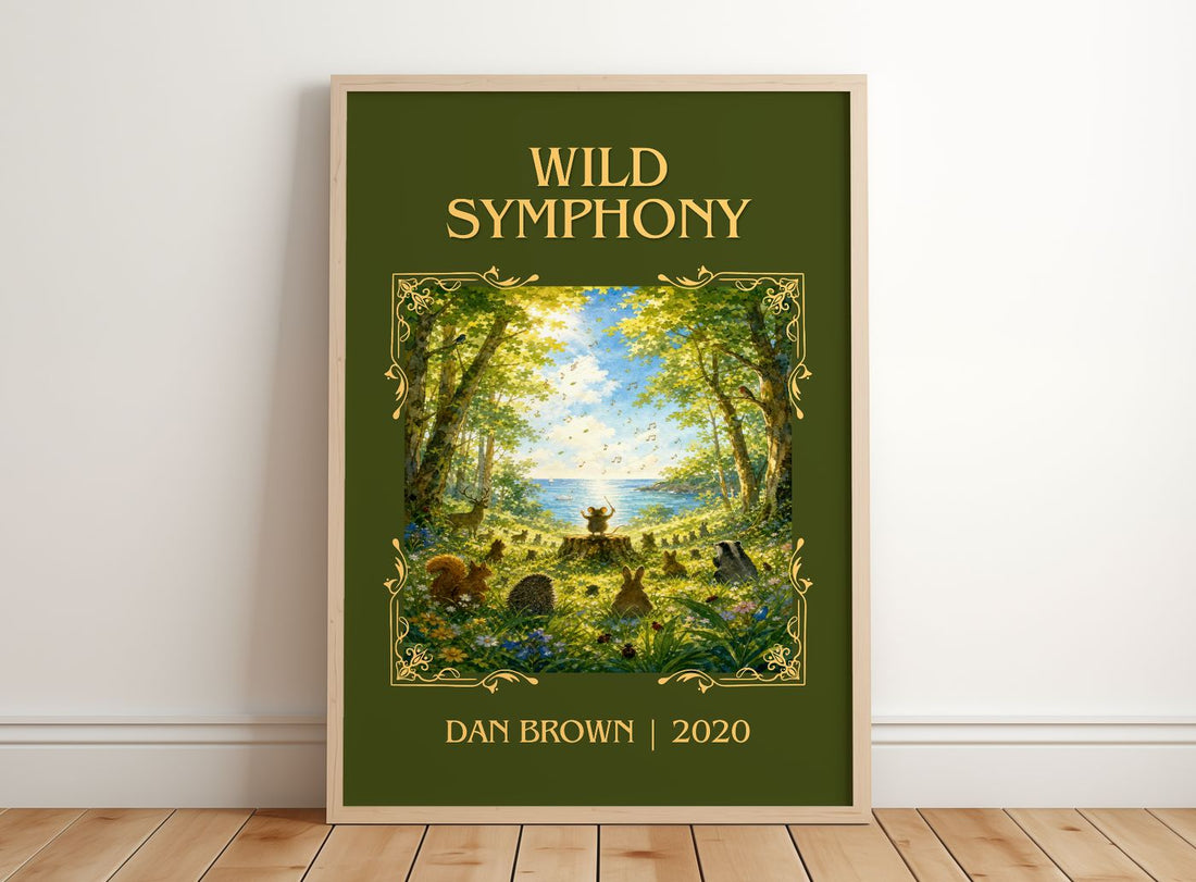 Wild Symphony Classic Book Art Print by Dan Brown – framed print leaning on a wooden floor
