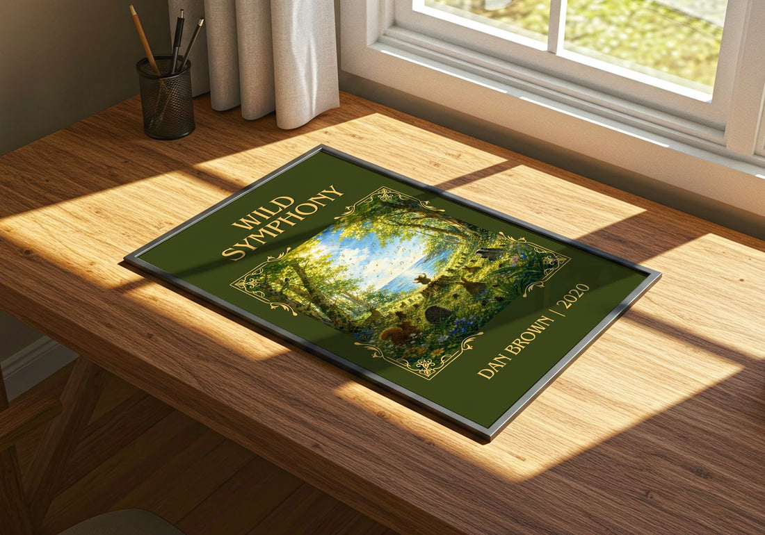 Wild Symphony Classic Book Art Print by Dan Brown – print on a sunlit desk