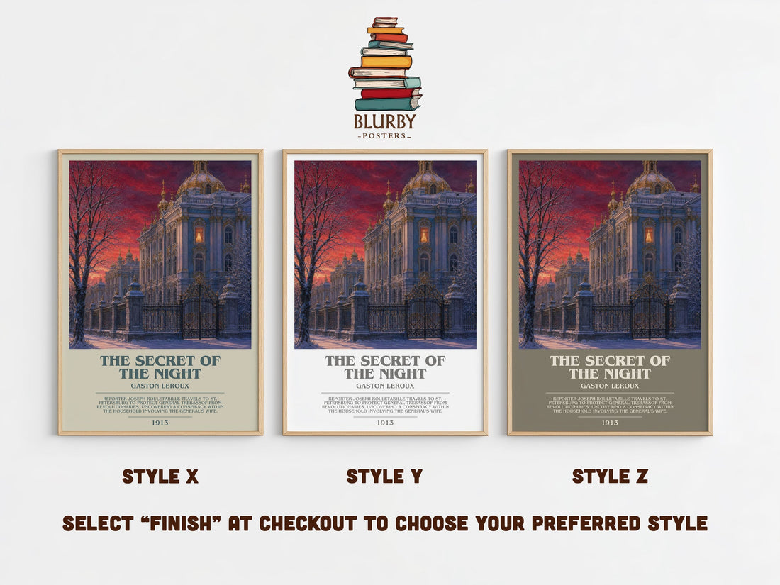 The Secret Of The Night bookish print in frame leaning in hallway – mystery wall art (mockup)