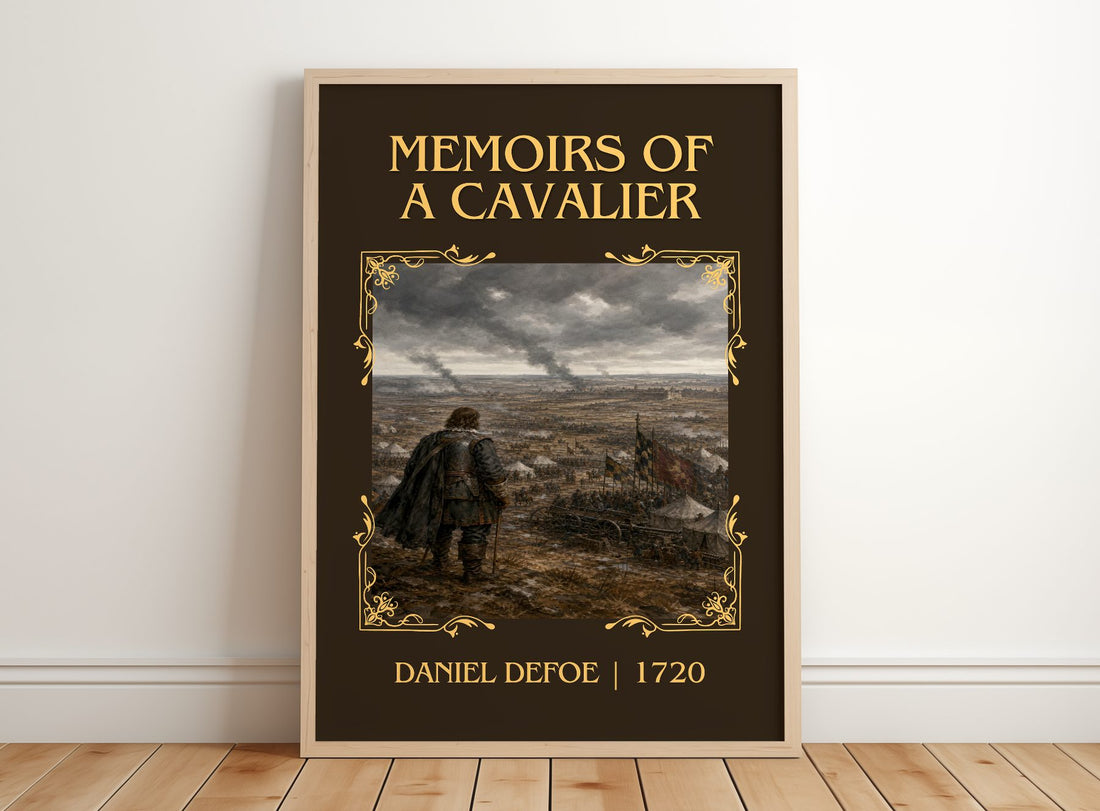 Memoirs Of A Cavalier Classic Book Art Print by Daniel Defoe – framed print leaning on a wooden floor