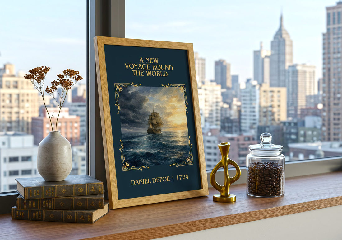 A New Voyage Round The World Classic Book Art Print by Daniel Defoe – framed print on a city-view windowsill