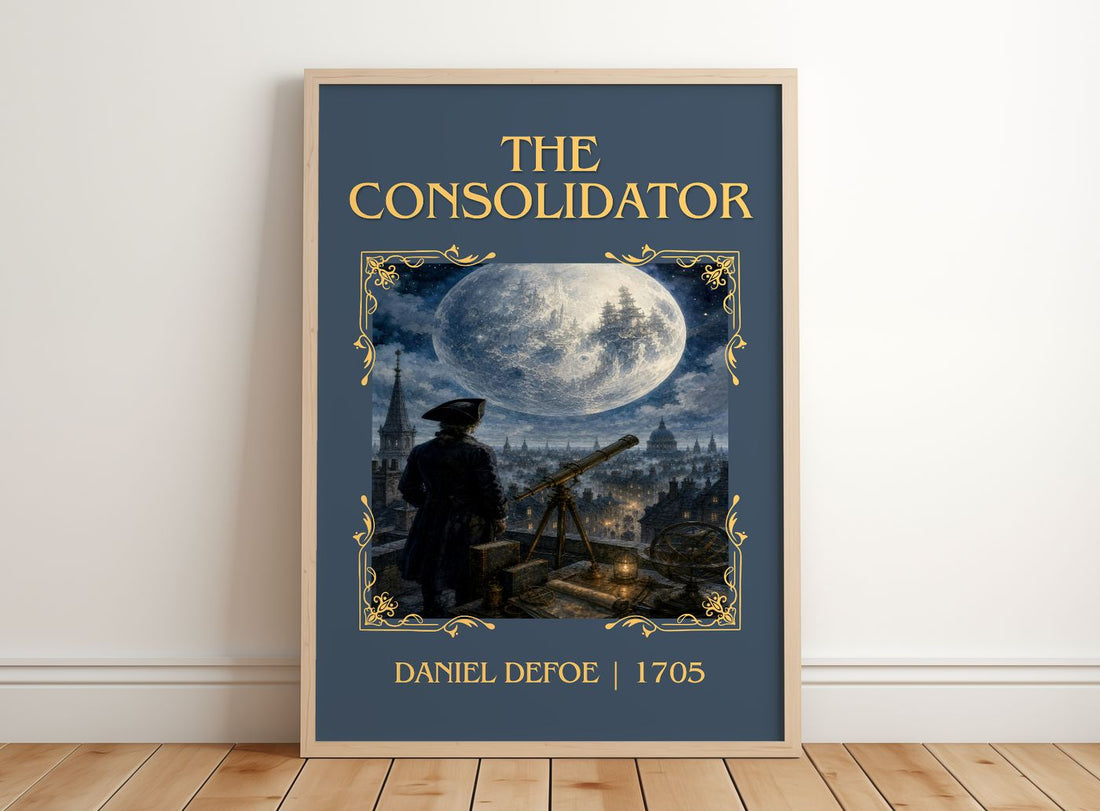 The Consolidator Classic Book Art Print by Daniel Defoe – framed print leaning on a wooden floor