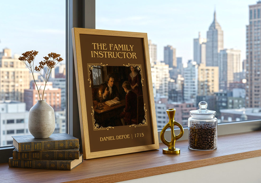 The Family Instructor Classic Book Art Print by Daniel Defoe – framed print on a city-view windowsill