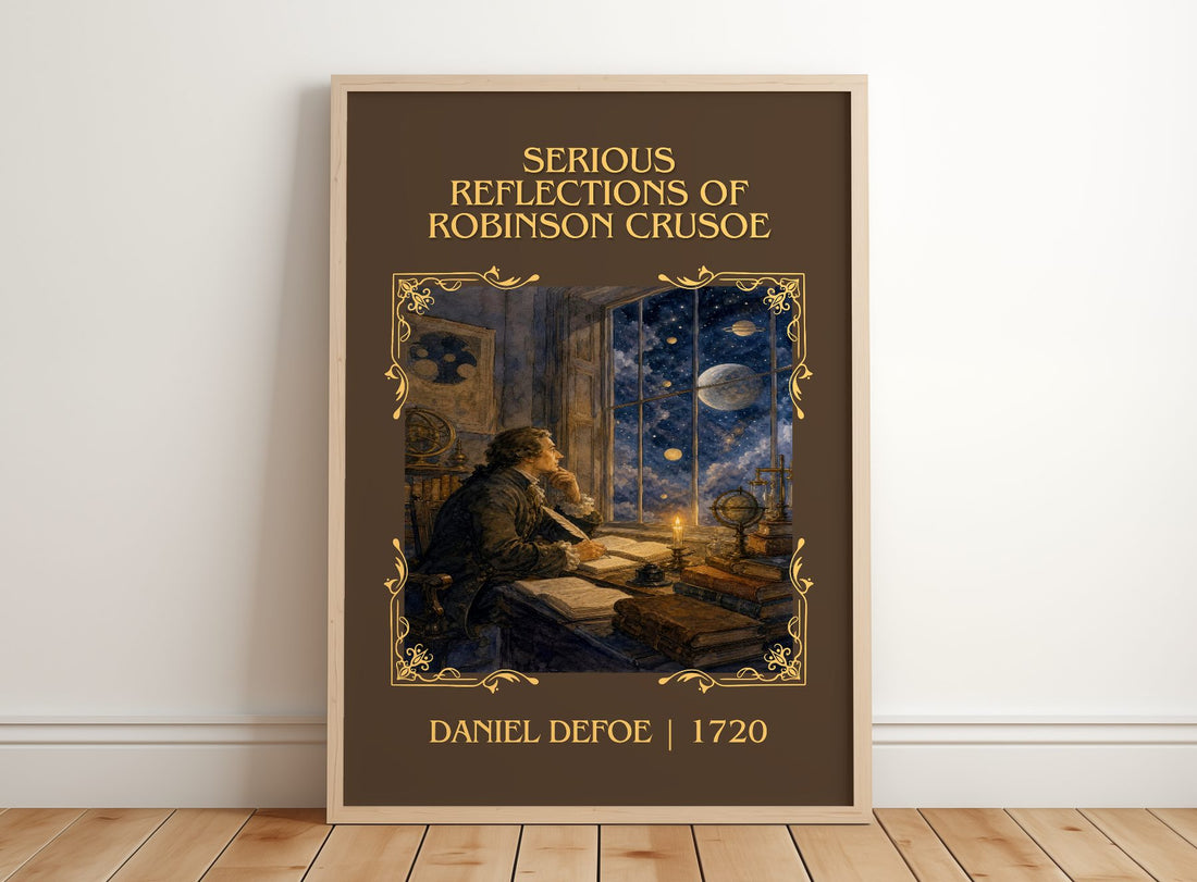 Serious Reflections Of Robinson Crusoe Classic Book Art Print – framed print leaning on a wooden floor