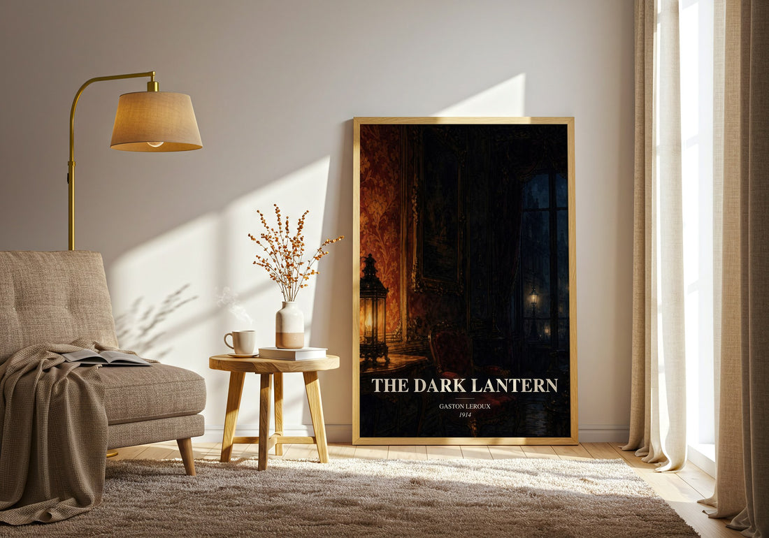 The Dark Lantern watercolour print in frame leaning in hallway – mystery wall art (mockup)