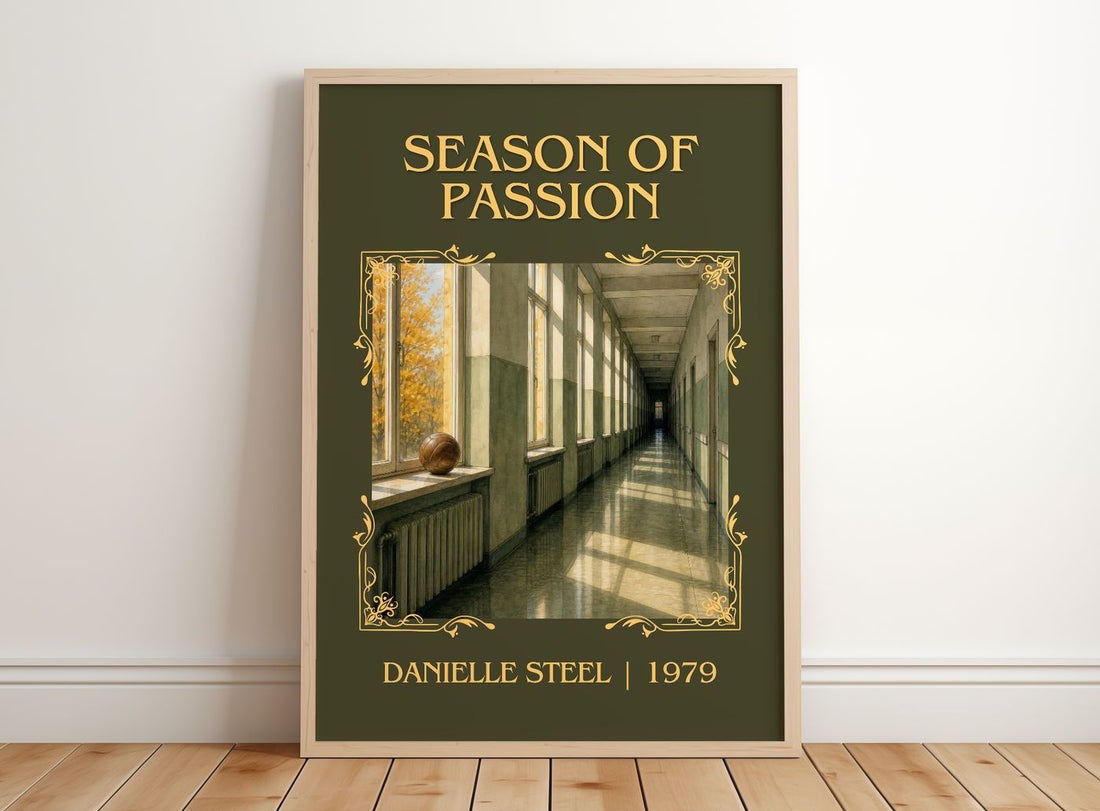 Season Of Passion Classic Book Art Print by Danielle Steel – framed print leaning on a wooden floor