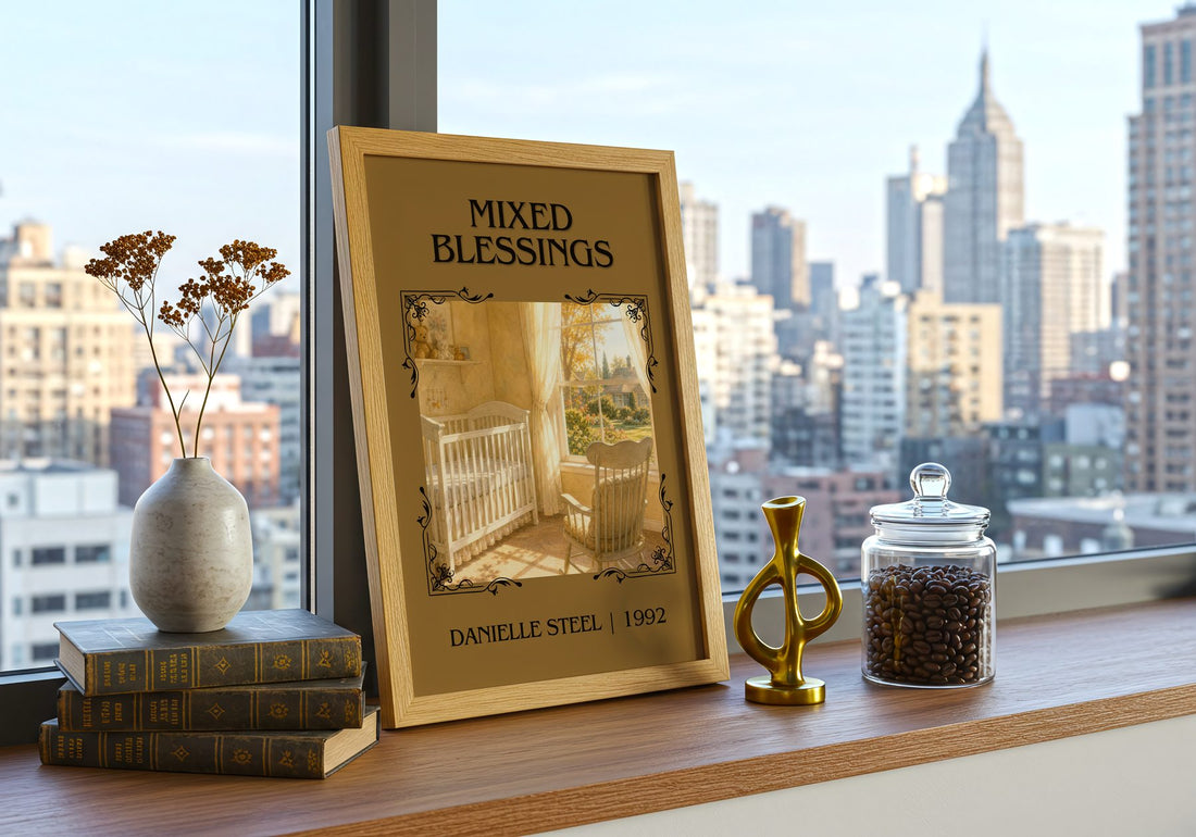Mixed Blessings Classic Book Art Print by Danielle Steel – framed print on a city-view windowsill