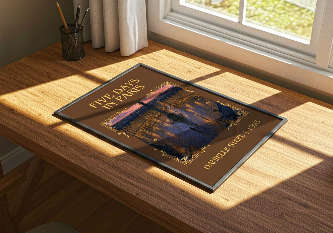 Five Days In Paris Classic Book Art Print by Danielle Steel – print on a sunlit desk