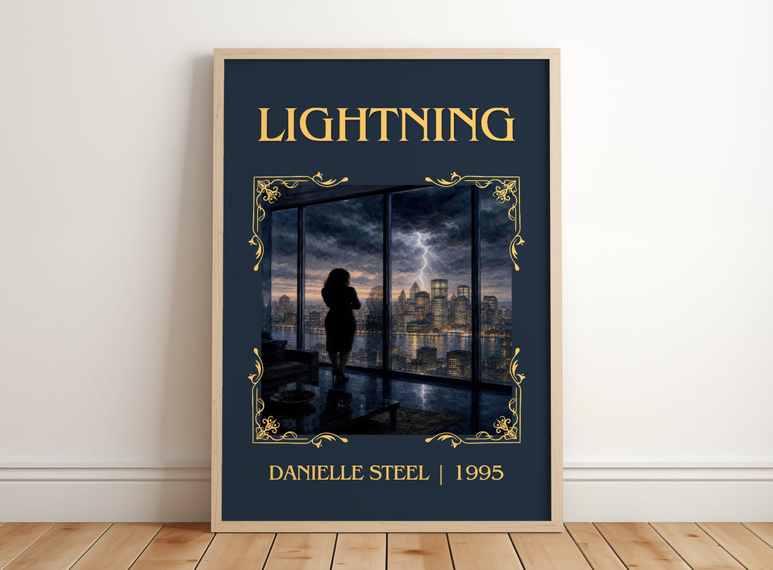 Lightning Classic Book Art Print by Danielle Steel – framed print leaning on a wooden floor