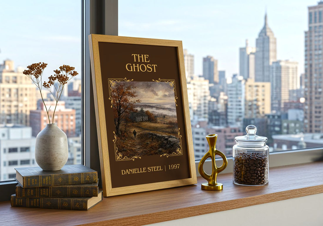 The Ghost Classic Book Art Print by Danielle Steel – framed print on a city-view windowsill