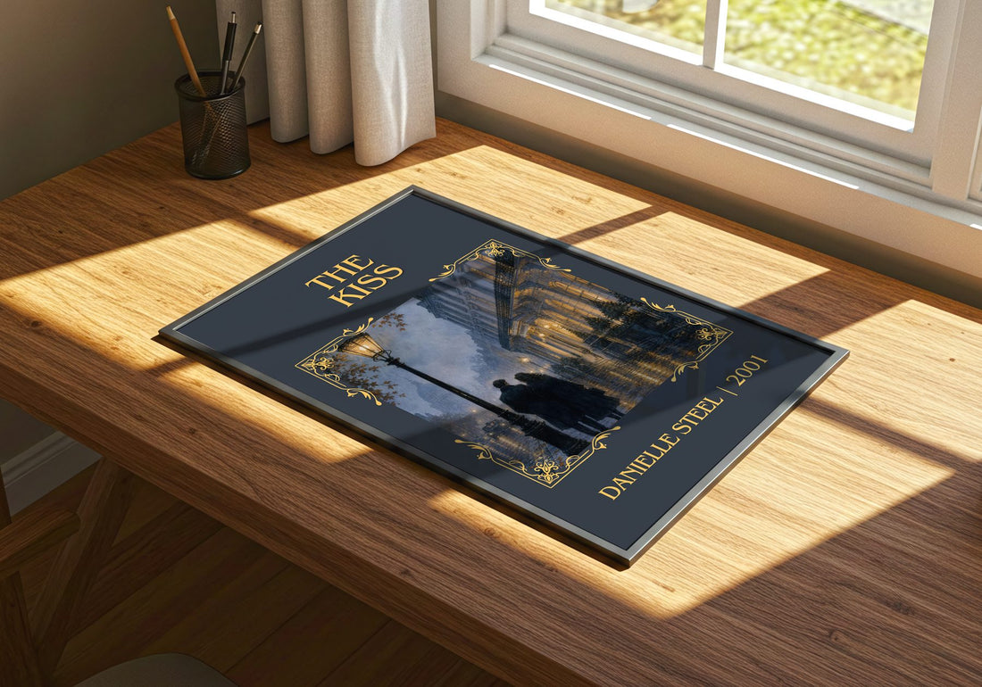 The Kiss Classic Book Art Print by Danielle Steel – print on a sunlit desk