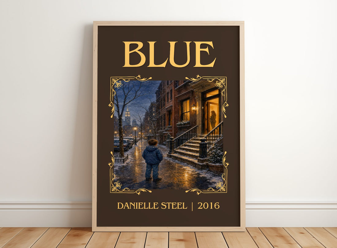 Blue Classic Book Art Print by Danielle Steel – framed print leaning on a wooden floor