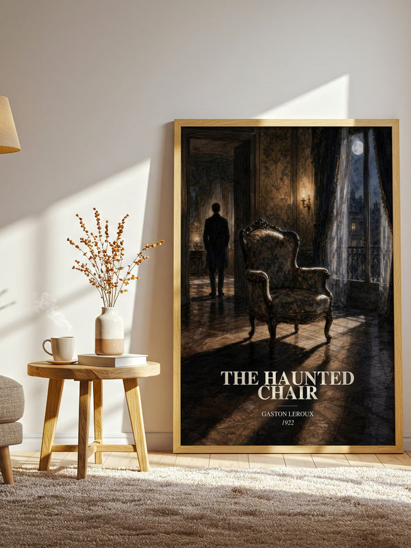 The Haunted Chair watercolour print in frame leaning in hallway – mystery wall art