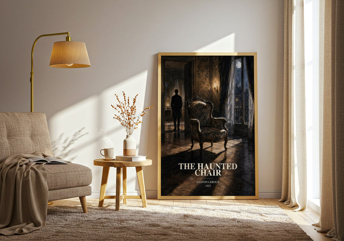 The Haunted Chair watercolour print in frame leaning in hallway – mystery wall art (mockup)