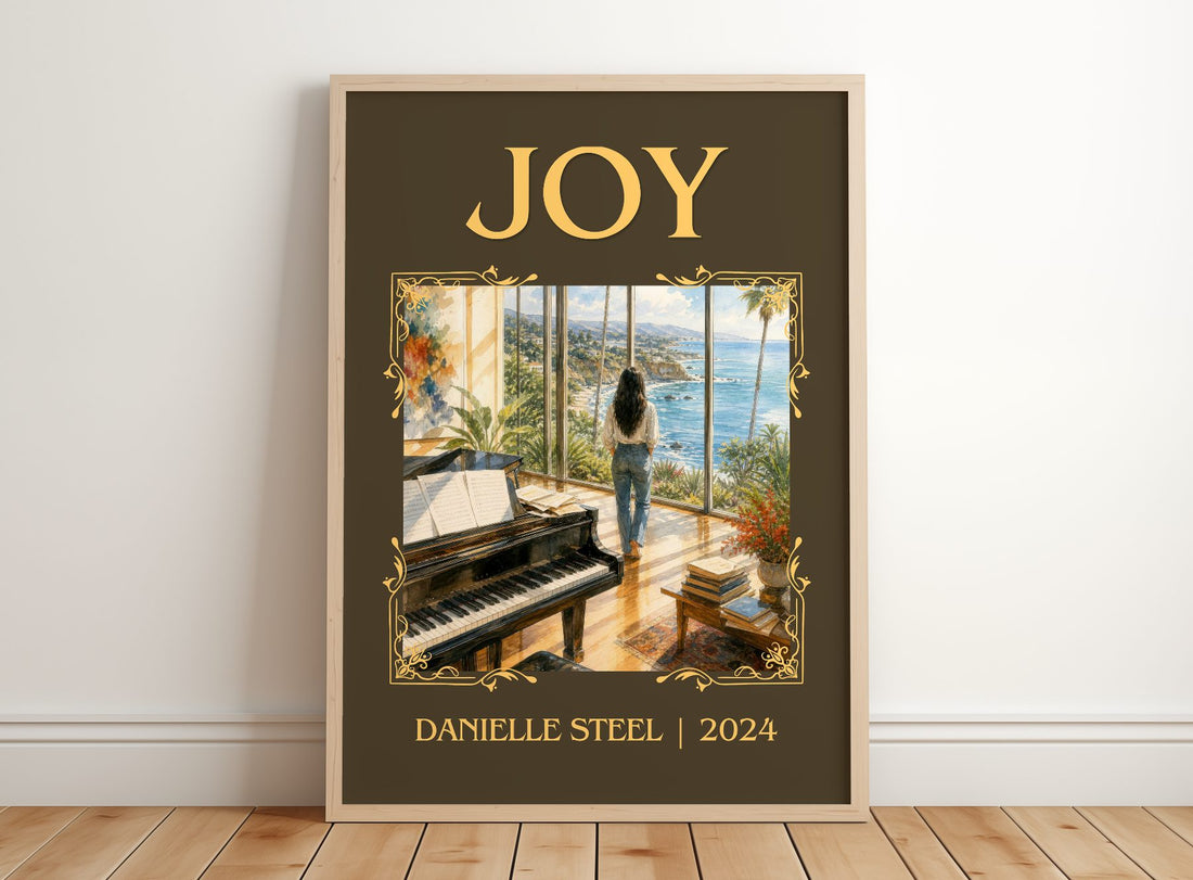 Joy Classic Book Art Print by Danielle Steel – framed print leaning on a wooden floor