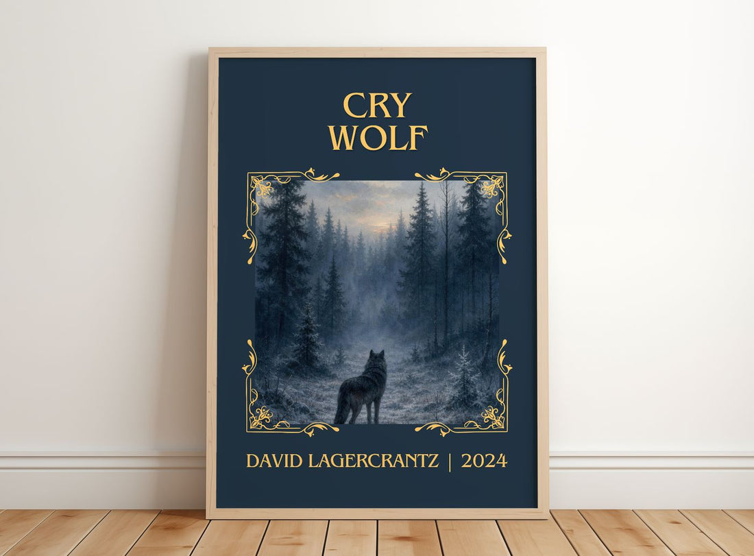 Cry Wolf Classic Book Art Print by David Lagercrantz – framed print leaning on a wooden floor