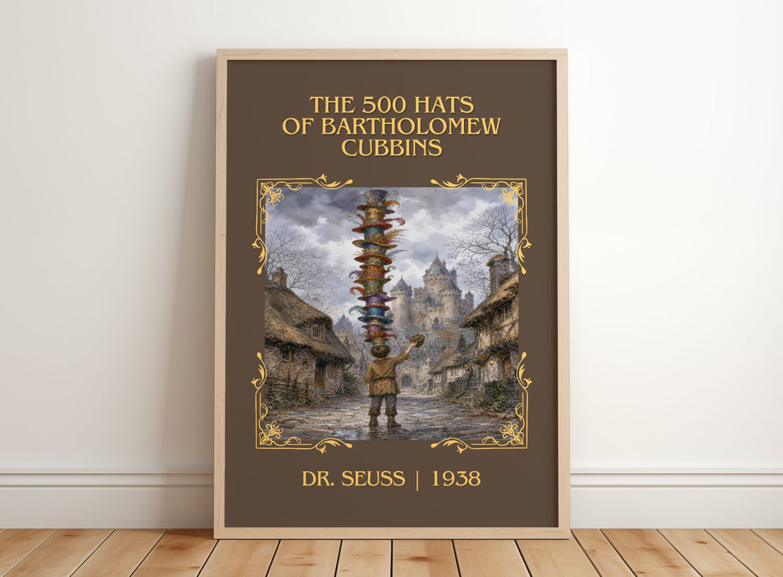 500 Hats Of Bartholomew Cubbins Classic Book Art Print by Dr. Seuss – framed print leaning on a wooden floor