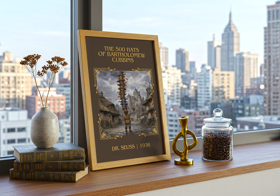 500 Hats Of Bartholomew Cubbins Classic Book Art Print by Dr. Seuss – framed print on a city-view windowsill