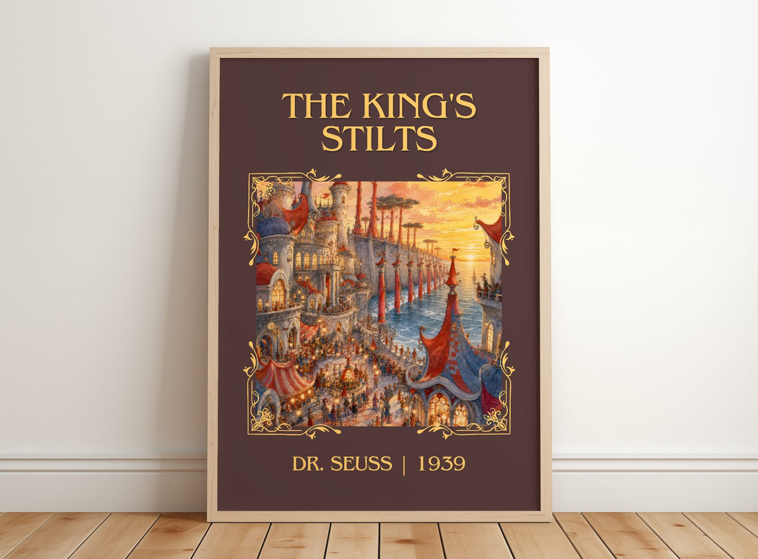 The King'S Stilts Classic Book Art Print by Dr. Seuss – framed print leaning on a wooden floor