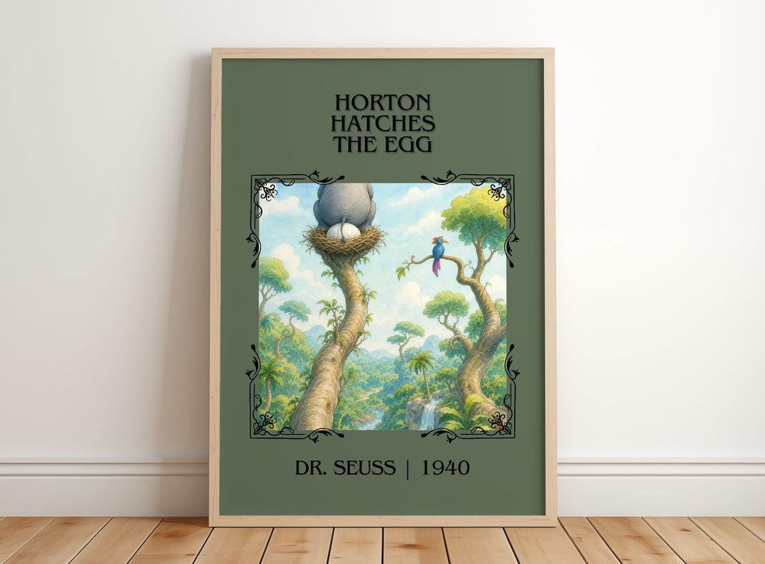 Horton Hatches The Egg Classic Book Art Print by Dr. Seuss – framed print leaning on a wooden floor