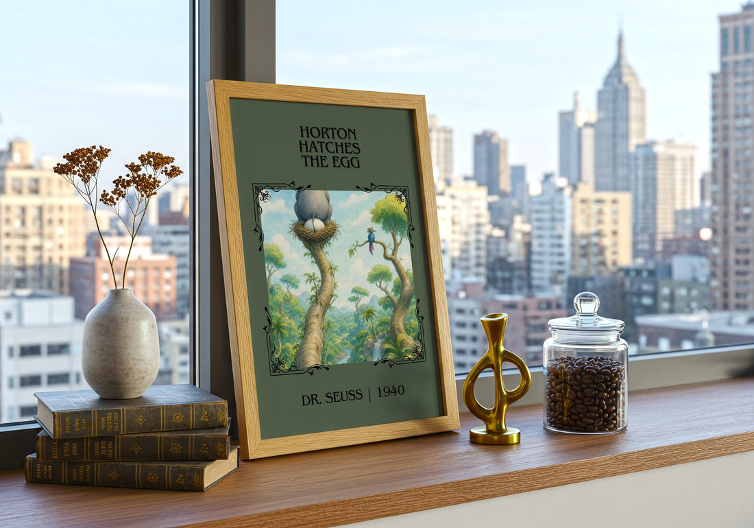 Horton Hatches The Egg Classic Book Art Print by Dr. Seuss – framed print on a city-view windowsill