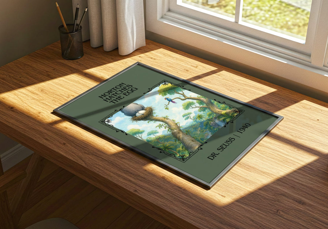 Horton Hatches The Egg Classic Book Art Print by Dr. Seuss – print on a sunlit desk