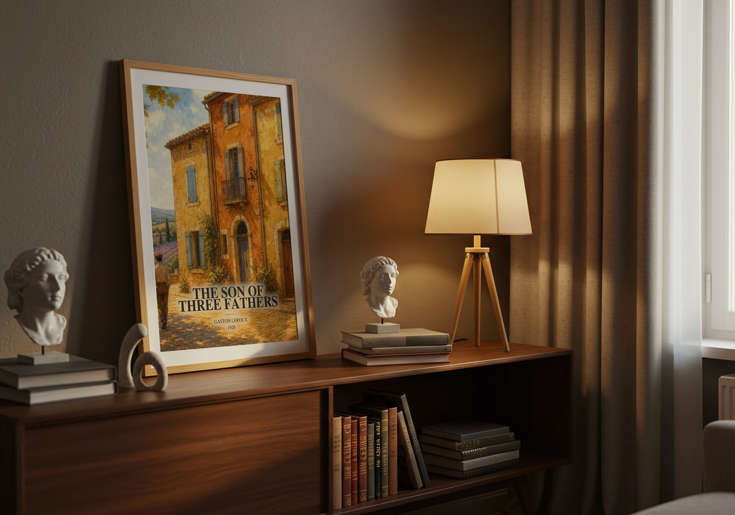The Son Of Three Fathers watercolour print on bookshelf – Gaston Leroux fan gift