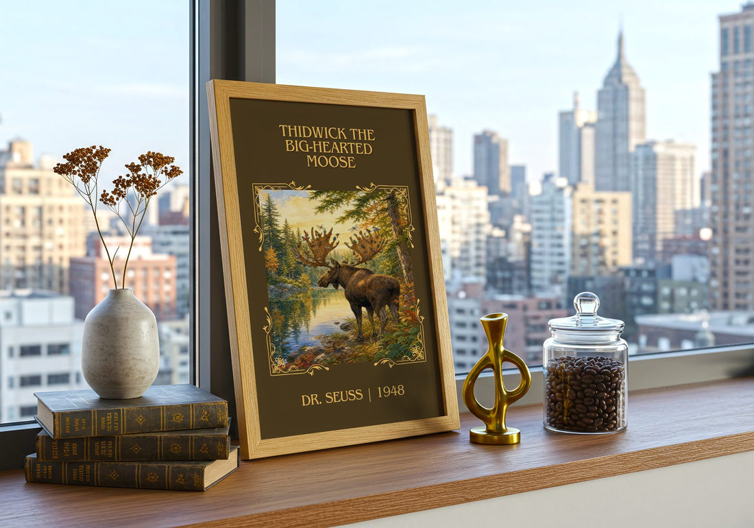 Thidwick The Big-Hearted Moose Classic Book Art Print by Dr. Seuss – framed print on a city-view windowsill