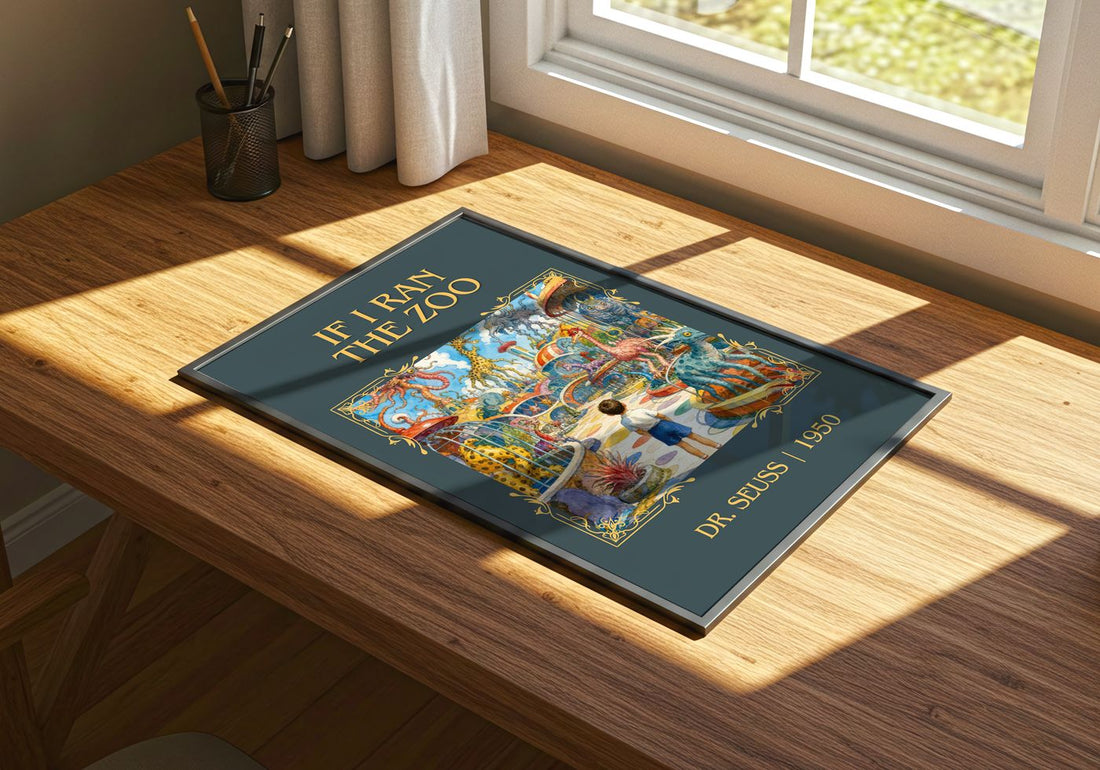If I Ran The Zoo Classic Book Art Print by Dr. Seuss – print on a sunlit desk