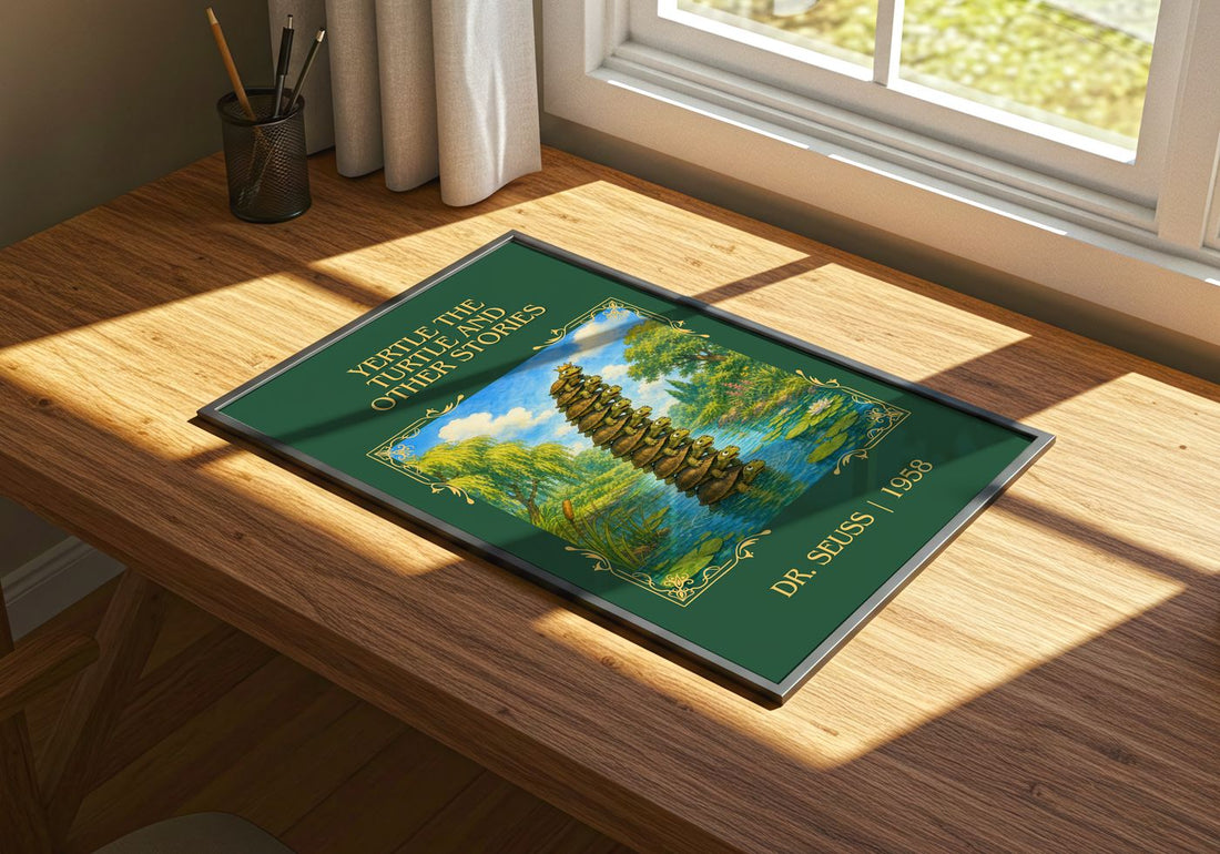 Yertle The Turtle And Other Stories Classic Book Art Print by D. Seuss – print on a sunlit desk